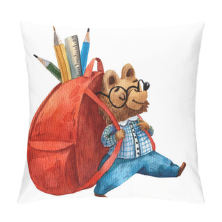 Personality  Watercolor Illustration Of Cute Bear. Pupil Character. Elementary School Illustration. Cartoon Style. School Children. Drawing Book Illustration. Little Clever Boy With Satchel. Big Red Knapsack. Pillow Covers
