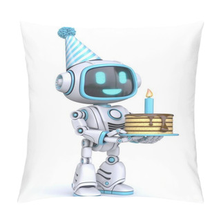 Personality  Cute Blue Robot Hold Birthday Cake 3D Rendering Illustration Isolated On White Background Pillow Covers