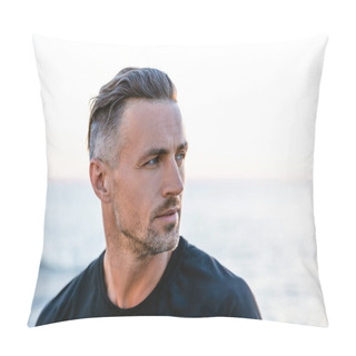 Personality  Close-up Portrait Of Handsome Adult Man With Grey Hair Looking Away On Seashore Pillow Covers