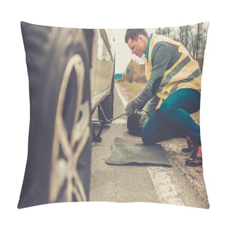 Personality  Man Changing Wheel On A Roadside  Pillow Covers