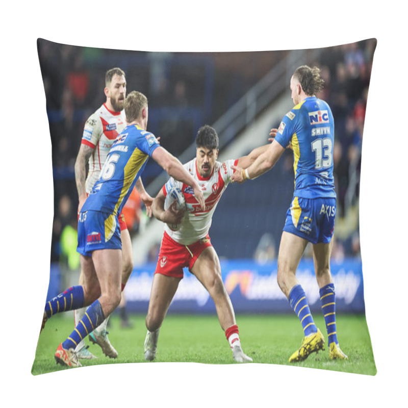 Personality  James Bell Of St. Helens Fends Off Cameron Smith Of Leeds Rhinos And James McDonnell Of Leeds Rhinos During The Betfred Super League Round 5 Match Leeds Rhinos Vs St Helens At Headingley Stadium, Leeds, United Kingdom, 15th March 202 Pillow Covers