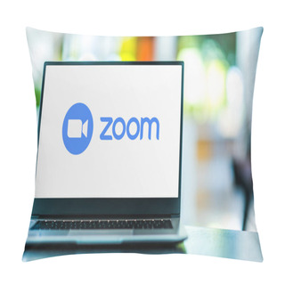 Personality  POZNAN, POL - FEB 6, 2021: Laptop Computer Displaying Logo Of Zoom, Videotelephony And Online Chat Services Through A Cloud-based Peer-to-peer Software Platform Pillow Covers