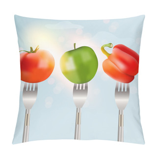 Personality  Pepper, Tomato And Apple On Forks Concept Of Diet. Vector Illustration. Pillow Covers