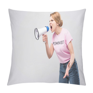 Personality  Woman In Pink Feminist T-shirt Yelling At Megaphone, Isolated On Grey Pillow Covers