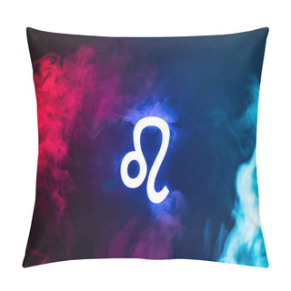 Personality  Blue Illuminated Leo Zodiac Sign With Colorful Smoke On Background Pillow Covers