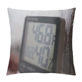 Personality  Measurement Of Air Temperature, Dew Point, Humidity With A Device (hygrometer), Against A Background With Condensation On The Glass, High Humidity Pillow Covers