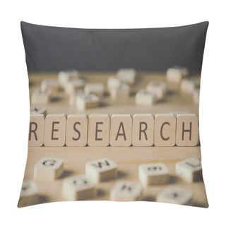 Personality  Selective Focus Of Word Research Made Of Cubes Surrounded By Blocks With Letters On Wooden Surface Isolated On Black Pillow Covers