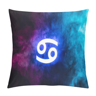 Personality  Blue Illuminated Cancer Zodiac Sign With Colorful Smoke On Background Pillow Covers