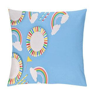 Personality  Party Flat Lay With Colorful Plates, Rainbow Napkins And Drinking Straws On Blue Background With Copy Space Pillow Covers