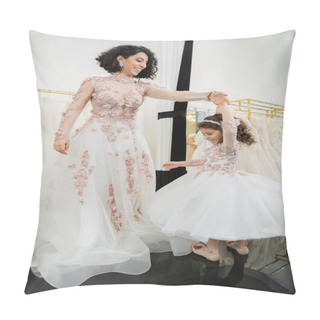 Personality  Happy Middle Eastern Woman In Floral Wedding Dress Dancing With Smiling Girl In Cute Attire With Tulle Skirt In Bridal Salon, Shopping, Special Moment, Mother And Daughter, Happiness  Pillow Covers