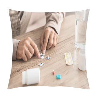 Personality  Cropped View Of Retired Man Matching Puzzle Pieces On Table  Pillow Covers