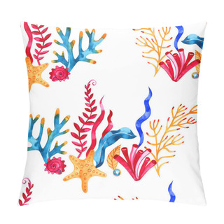 Personality  High Quality Watercolor Seamless Pattern With Underwater Life Objects. It Can Be Used For Wallpaper, Background, Print, Textile Design, Wrapping Paper, Cover. Pillow Covers