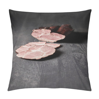 Personality  Selective Focus Of Tasty Ham Sliced Ham, Cherry Tomatoes, Knife On Wooden Grey Table Pillow Covers