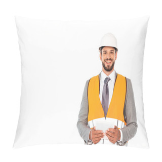 Personality  Smiling Engineer In Suit And Hardhat Holding Digital Tablet Isolated On White Pillow Covers