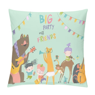 Personality  Birthday Card With Cute Animals And Kids Playing The Musical Instruments Pillow Covers