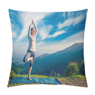 Personality  Woman Doing Yoga Asana Vrikshasana Tree Pose In Mountains Outdoors Pillow Covers