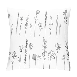 Personality  Vector Set Of Ink Drawing Wild Plants, Herbs And Flowers, Monochrome Botanical Illustration Burdock, Leaves, Branches, Daisy, Grass, Bud, Blossom Isolated Floral Element, Hand Drawn Illustration Pillow Covers