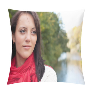 Personality  Happy Woman Near The River In Autumn Season Pillow Covers