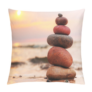 Personality  Stones Pyramid On Sand Symbolizing Zen, Harmony, Balance Pillow Covers