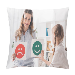 Personality  Smiling Psychologist Showing Happy And Sad Emotion Faces Cards To Child Pillow Covers