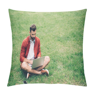 Personality  Man Sitting On Grass In Park Near Smartphone And Using Laptop  Pillow Covers