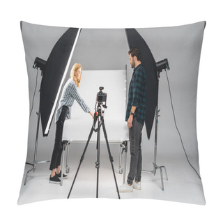 Personality  Young Photographers Working With Professional Equipment In Photo Studio Pillow Covers
