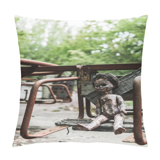 Personality  Selective Focus Of Dirty Baby Doll On Abandoned Carousel In Chernobyl  Pillow Covers
