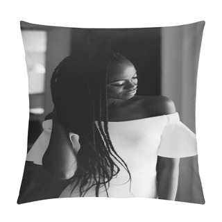 Personality  Black And White Close Up Photo Of A Woman With Dark Skin. She Is Standing In A Vip Hotel. Model Closed Her Eyes And Put One Hand To Her Head. She Is Wearing White Dress. Pillow Covers