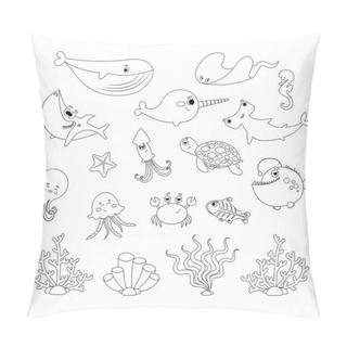 Personality  Set Of Cute Sea Creatures With Corals On White Background In Line Style Pillow Covers
