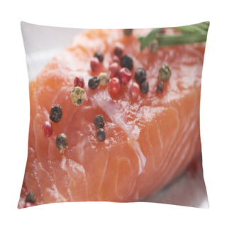 Personality  Close Up View Of Raw Fresh Salmon With Spicy Pepper Pillow Covers