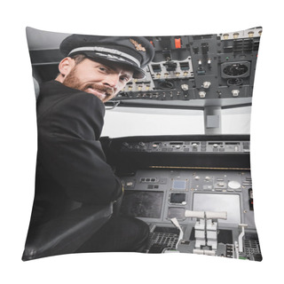 Personality  Bearded Pilot In Cap Smiling And Looking At Camera In Airplane Simulator  Pillow Covers