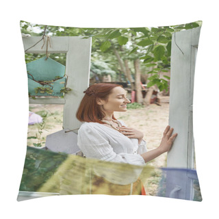 Personality  Pleased And Trendy Redhead Woman In Boho Clothes Standing Outdoors In Retreat Center Pillow Covers