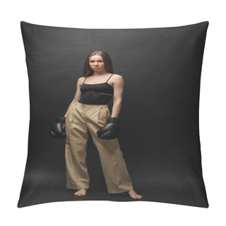 Personality  Full Length Of Strong Woman In Top And Beige Pants Posing In Boxing Gloves On Black Background  Pillow Covers