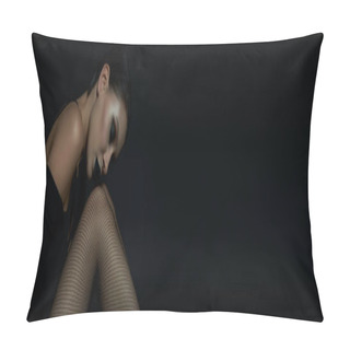 Personality  Mysterious Woman With Closed Eyes And Dark Makeup Sitting In Fishnet Tights On Black, Banner Pillow Covers