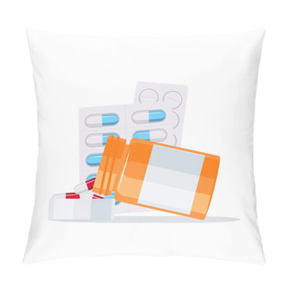 Personality  Medications Vector Concept. Capsules Pouring Out Of The Pill Bottle Into The Lid And Drugs Blisters In Flat Style On White Background. Pillow Covers