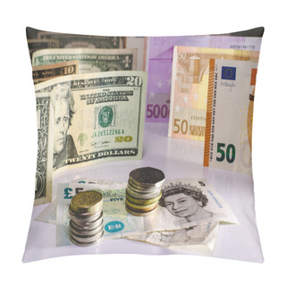 Personality  English Pounds Note And Coins Caught By Foreign Dollars And Euros Before Brexit. Pillow Covers