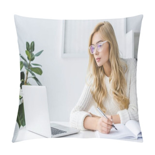 Personality  Blonde Businesswoman Writing And Workig With Laptop Pillow Covers