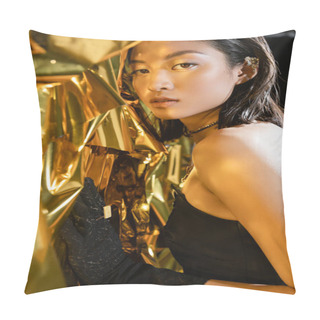 Personality  Portrait Of Graceful Asian Young Woman With Wet Short Hair Posing In Black Strapless Dress Next To Shiny Yellow Background, Model, Looking At Camera, Wrinkled Golden Foil, Natural Asian Beauty  Pillow Covers