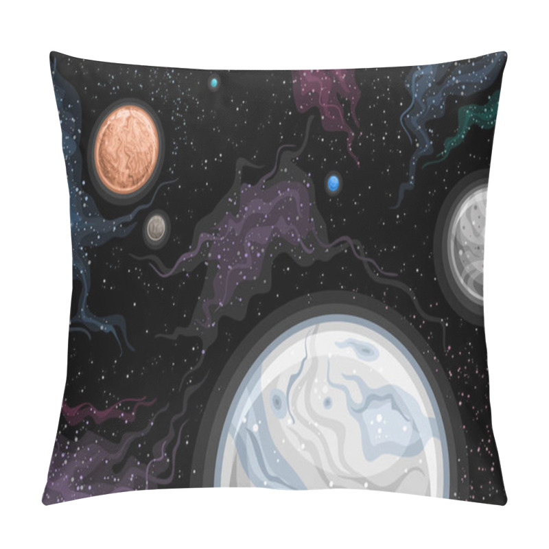 Personality  Vector Fantasy Space Chart, Horizontal Astronomical Poster With Cartoon Design Dwarf Planets Makemake And Eris With Moons In Deep Space, Decorative Futuristic Cosmo Print With Starry Space Background Pillow Covers