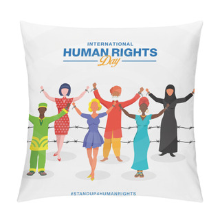 Personality  International Human Rights Day Background. Peoples With Different Race Raising Hands And Broken Chains The Symbol Of Freedom. Pillow Covers