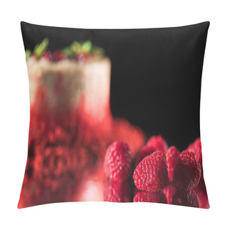 Personality  Selective Focus Of White Cake Decorated With Red Currants And Mint Leaves Near Raspberries Isolated On Black Pillow Covers