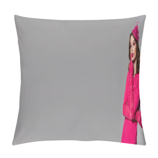 Personality  Pretty Young Woman In Magenta Color Dress And Hat With Feather Looking At Camera Isolated On Grey, Banner  Pillow Covers