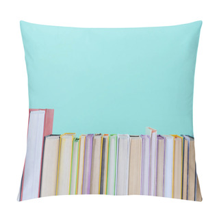 Personality  Row Of Different Colored Books Isolated On Blue Pillow Covers