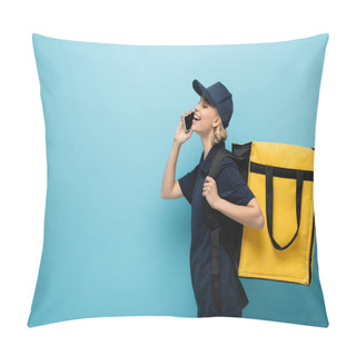 Personality  Side View Of Happy Courier With Thermo Backpack Accepting Order On Smartphone On Blue Pillow Covers