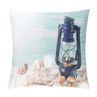 Personality  Lamp And Marine Items On Wooden Background Pillow Covers