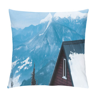 Personality  Scenic View Of Snowy Mountains With Pine Trees And Wooden House, Panoramic Shot Pillow Covers