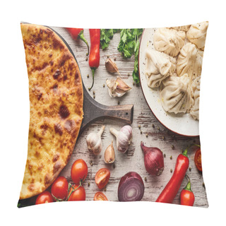 Personality  Top View Of Delicious Imeretian Khachapuri And Khinkali Near Vegetables And Spices On Wooden Table Pillow Covers