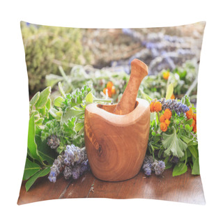 Personality  Variety Of Herbs And Mortar On Wooden Background Pillow Covers