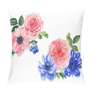 Personality  Watercolor Delicate Flowers Blue Anemones, Roses, Dahlias. Bouquet Of Flowers On A White Background.  Pillow Covers
