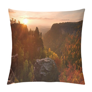 Personality  Autumn Sunset In Rocks. View Over Sandstone Rocks To Fall Colorful Valley Of Bohemian Switzerland. Pillow Covers